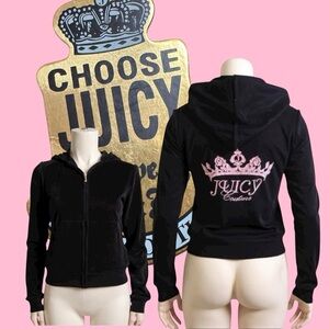 JUICY COUTURE Hoodie Y2K Black Velour RARE Rhinestone Pink Crown Logo Large NWT